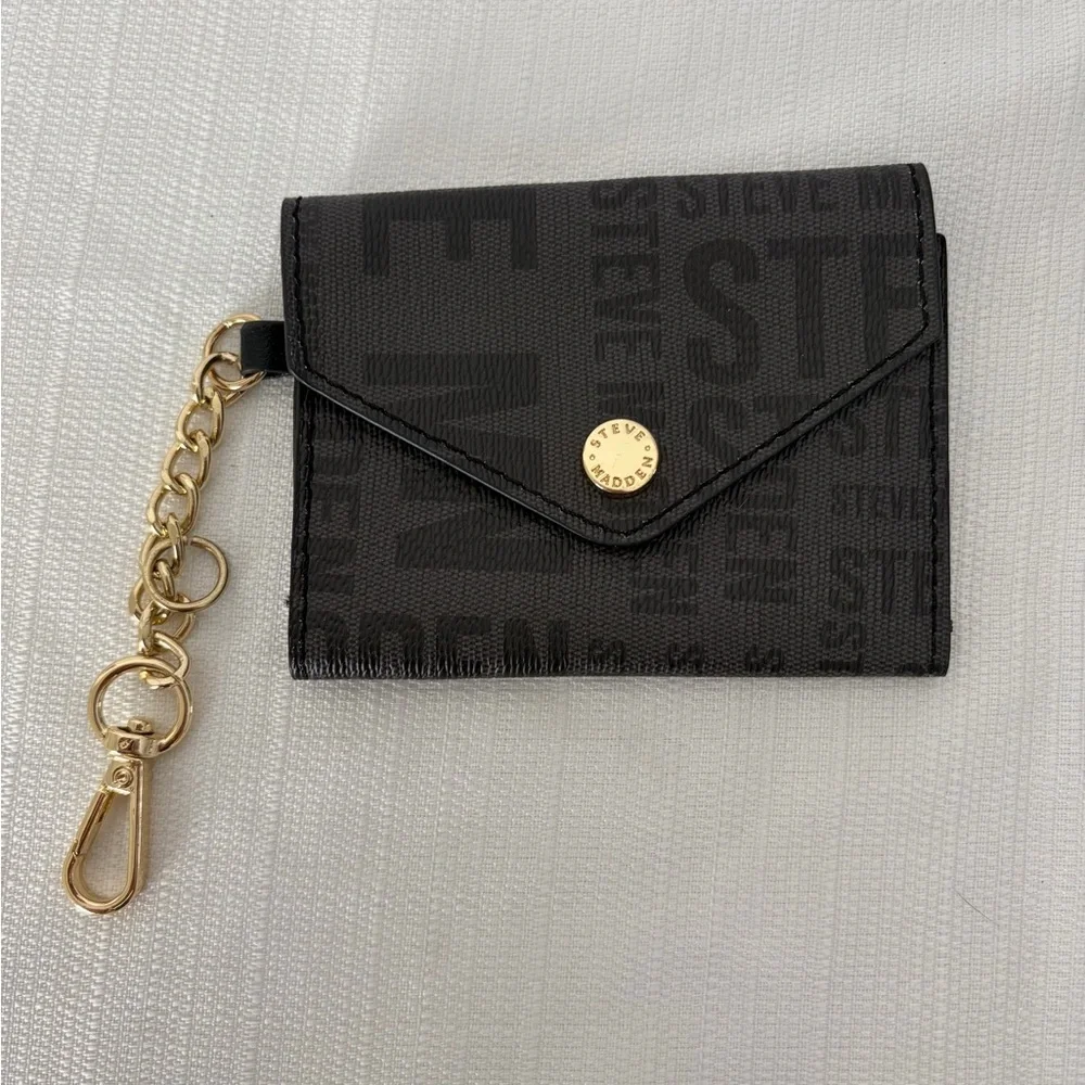 Steve Madden Card Holder Mini Wallet Keychain Black Logo(B124),